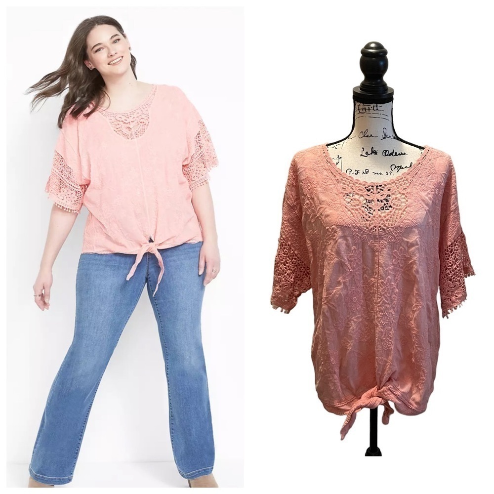 Lane Bryant Short Sleeve Crew neck tie hem top pink size 14/16 Crochet floral